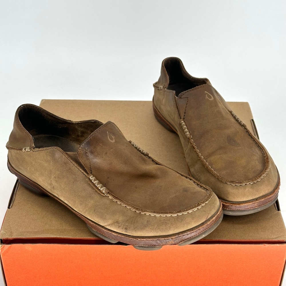 Olukai Moloa Brown Tan Leather Slip On Loafers Shoes Fold Down Heel Men 10